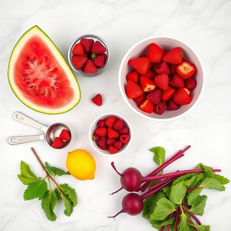 Fresh watermelon, strawberries, raspberries, beets, and a lemon laid out on a white marble surface