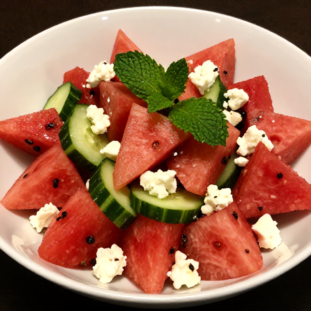 Plated Watermelon Cucumber Salad with Feta and Mint