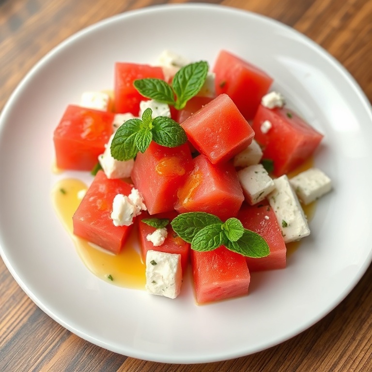 A beautifully plated watermelon feta salad with mint and a drizzle of honey lime dressing. Fresh and appealing.