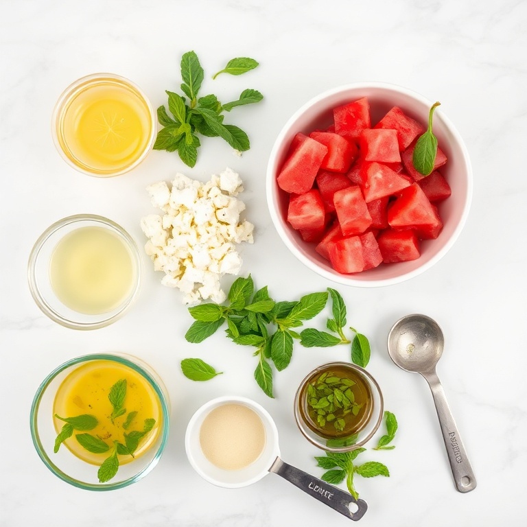 Fresh watermelon, crumbled feta, mint leaves, olive oil, and a honey lime dressing. All ingredients laid out neatly.