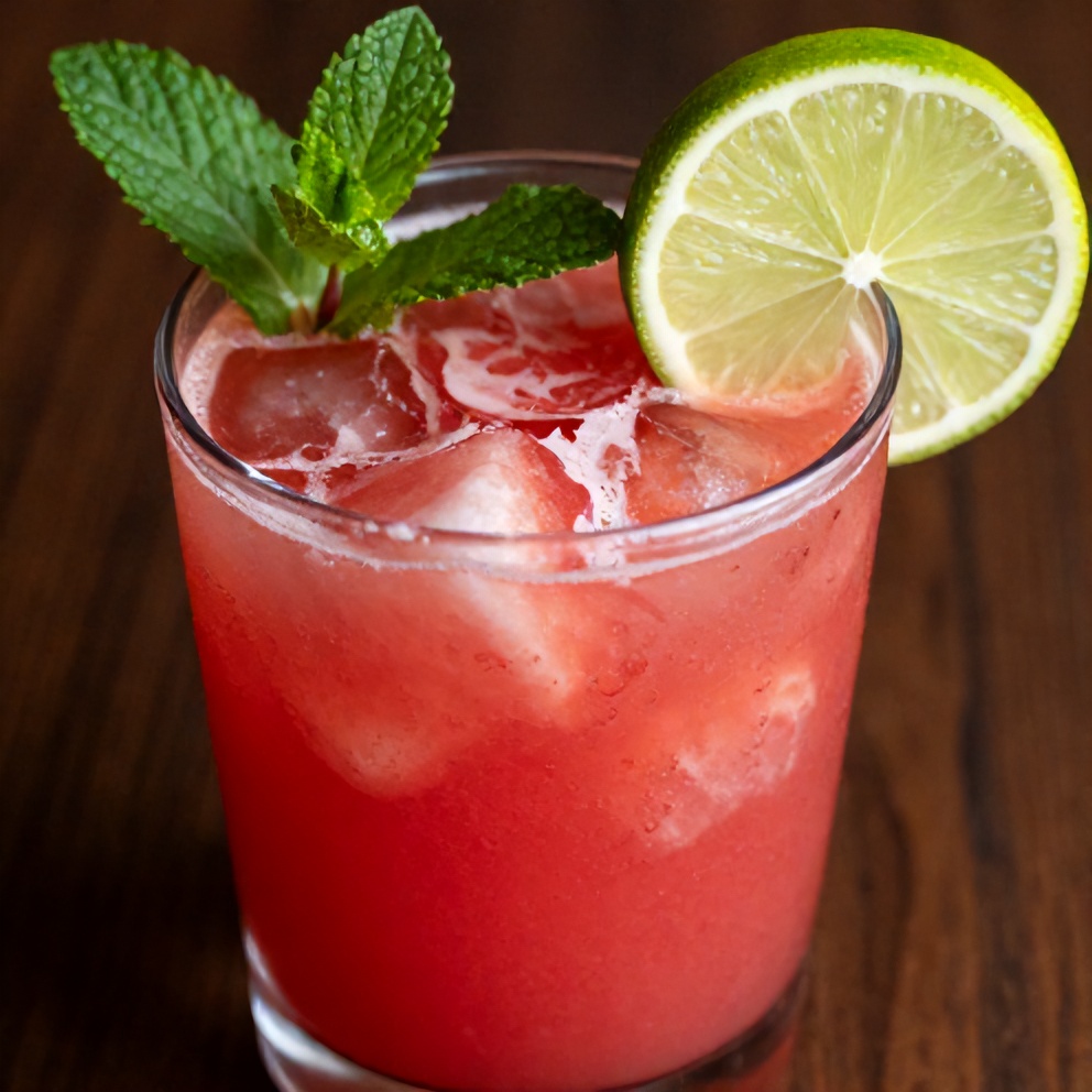 Watermelon Rose Cooler garnished with mint and lime, served in a glass