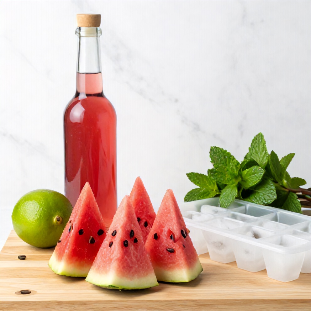 Watermelon, rose syrup, lime, mint, and ice arranged on a wooden surface