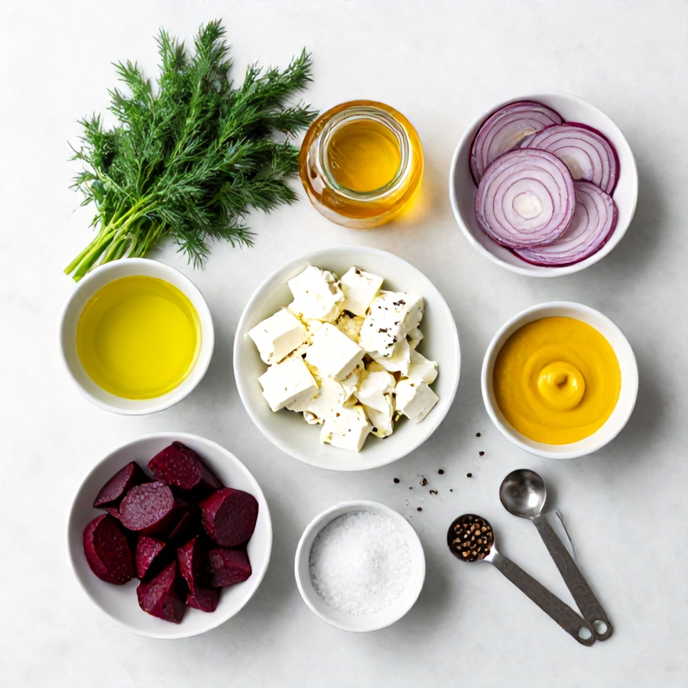 Raw Ingredients for Roasted Beet Salad with Feta and Fresh Dill