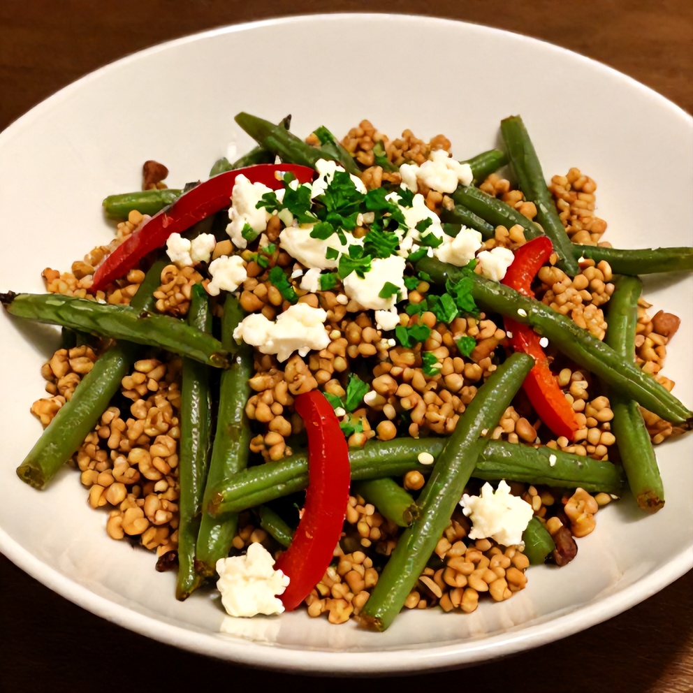 Plated Roasted Green Bean Quinoa Salad with Red Pepper and Feta
