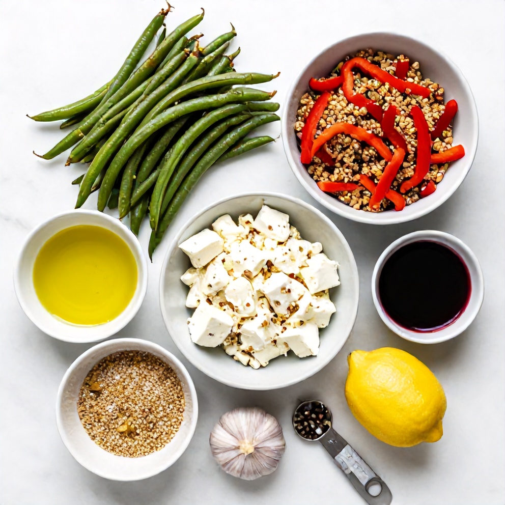 Raw ingredients for Roasted Green Bean Quinoa Salad