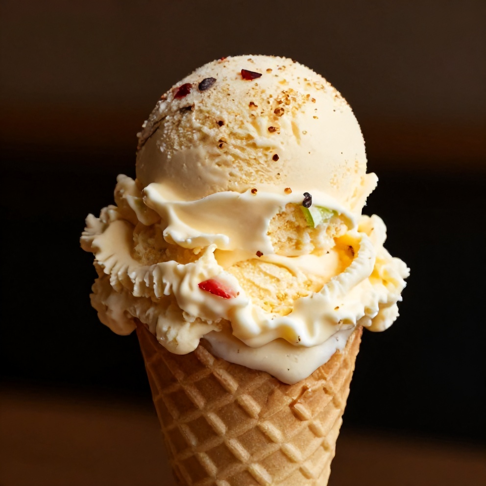 Scoop of Roasted Strawberry Lime Basil Ice Cream on a cone