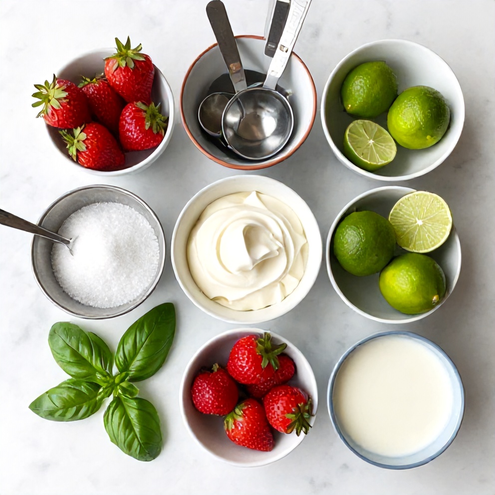 Raw ingredients for Roasted Strawberry Lime Basil Ice Cream