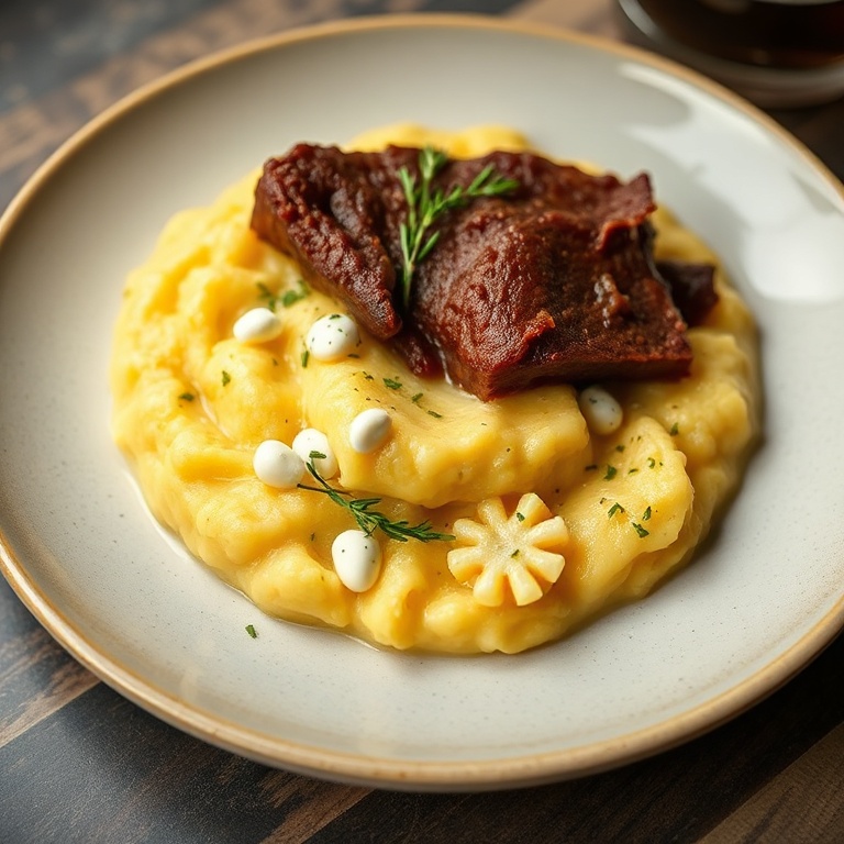A perfect plated serving of pot roast with gorgonzola polenta. Garnished with fresh thyme. Close crop showing the creamy texture. Warm side lighting. Photorealistic food photography style.