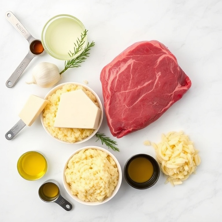 Raw ingredients for slow-cooked pot roast and gorgonzola polenta. Beef chuck roast, gorgonzola cheese, polenta, garlic, and olive oil. Measuring spoons and cups visible. White marble surface. Bright even light. Photorealistic overhead food photography.