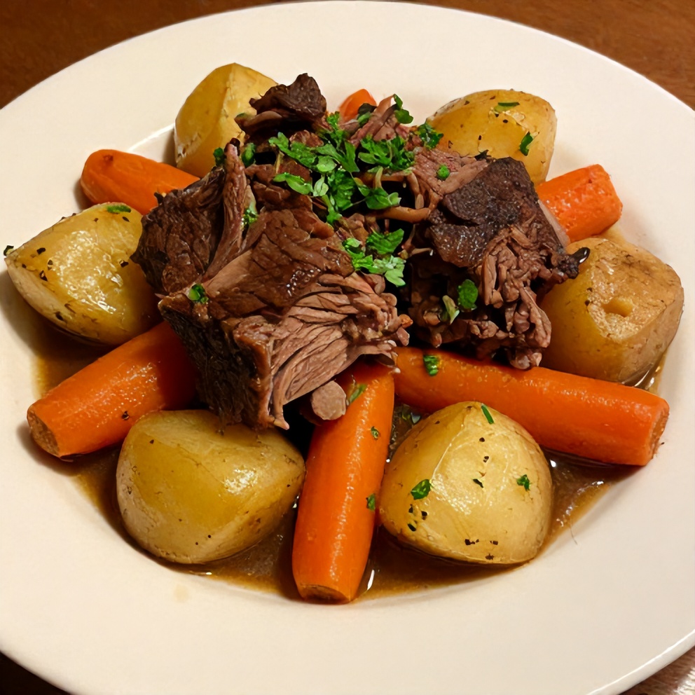 Plated Slow Cooker Chuck Roast with Potatoes and Carrots