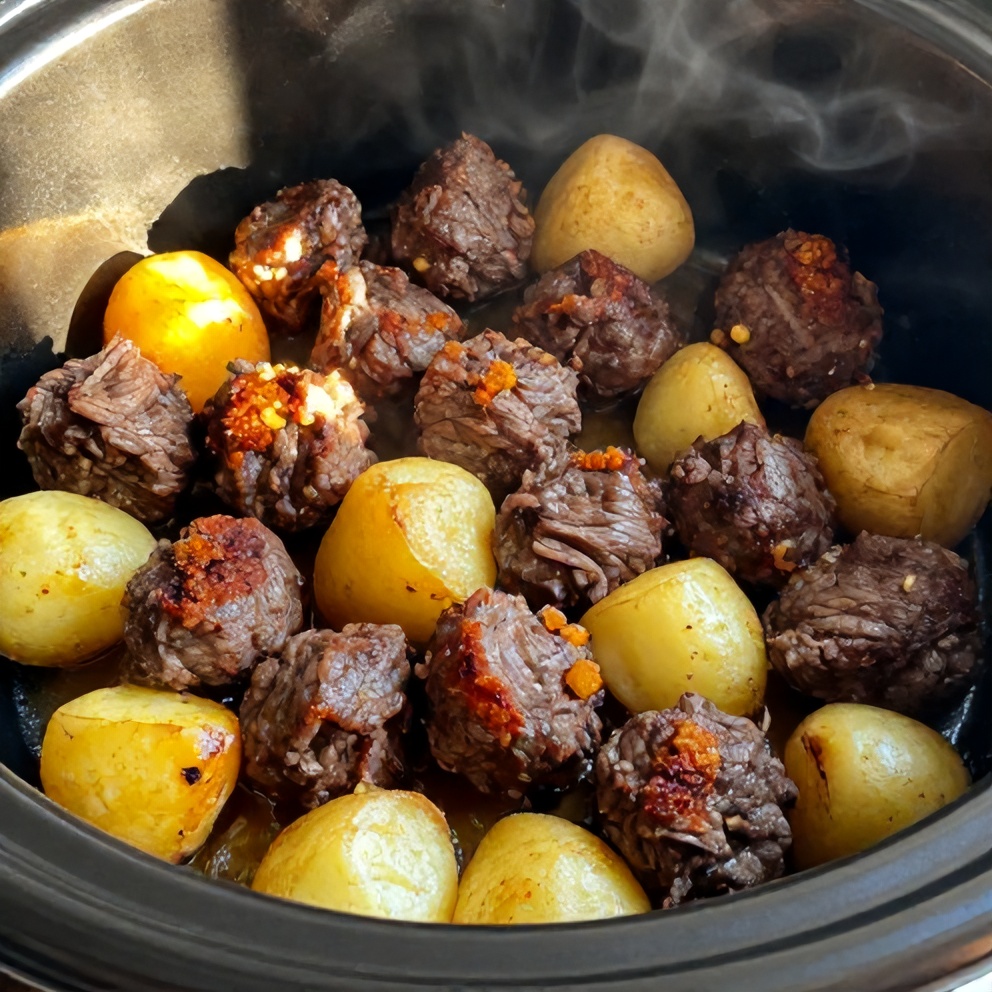 Slow Cooker Garlic Butter Beef Bites with Potatoes