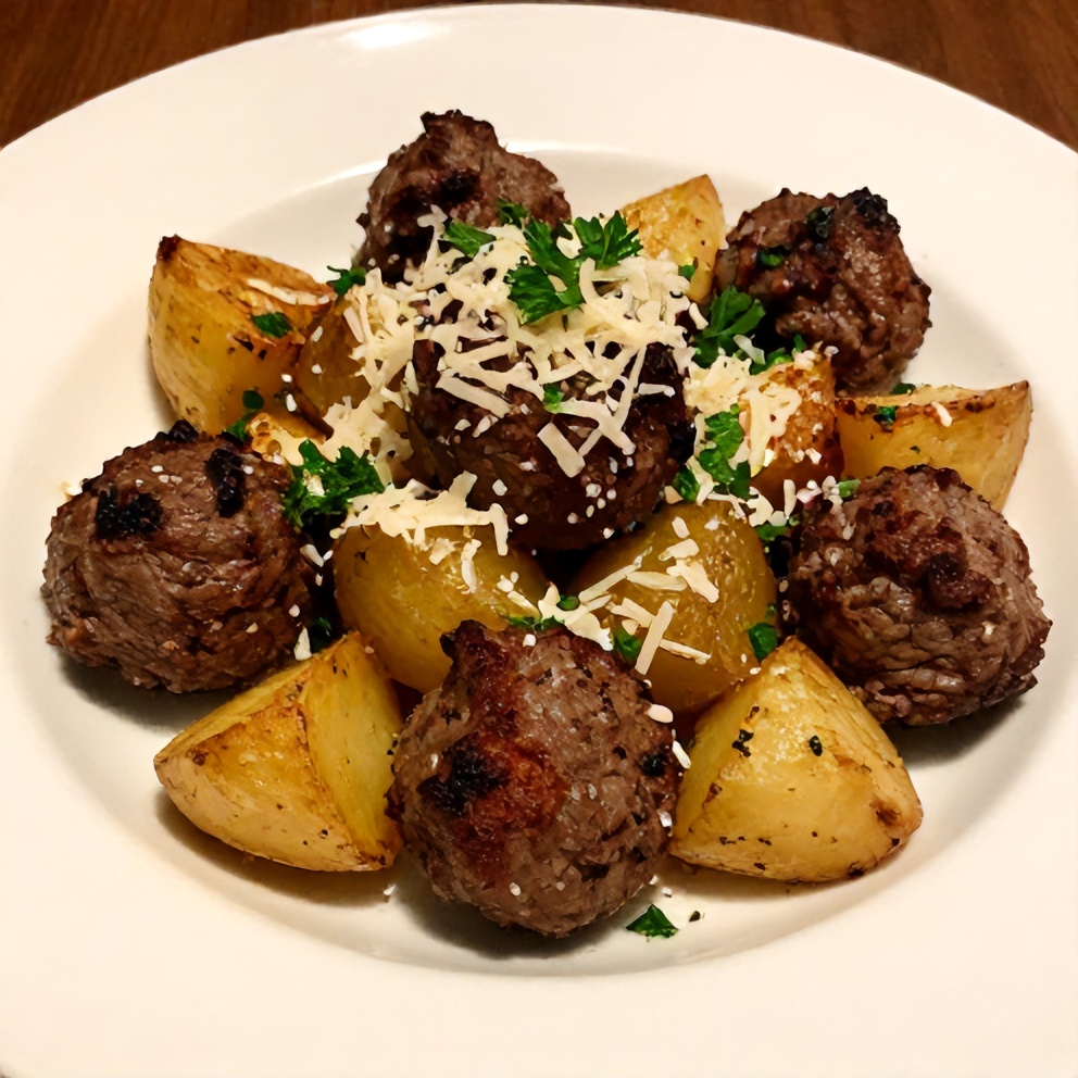Plated garlic butter beef bites with potatoes
