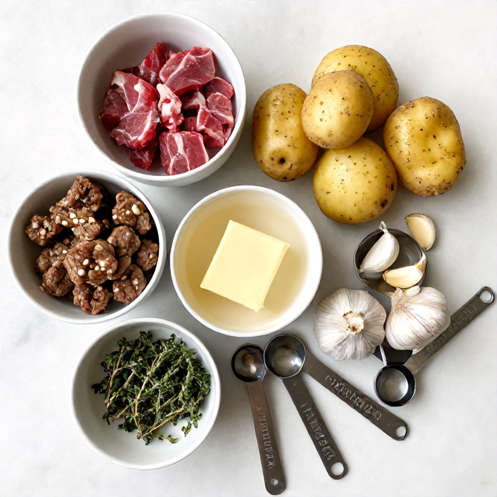 Ingredients for slow cooker garlic butter beef bites with potatoes