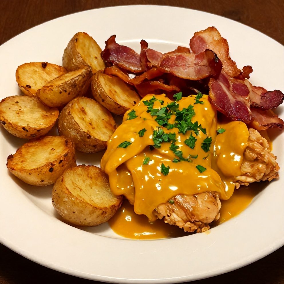 Plated honey mustard chicken with crispy smashed potatoes