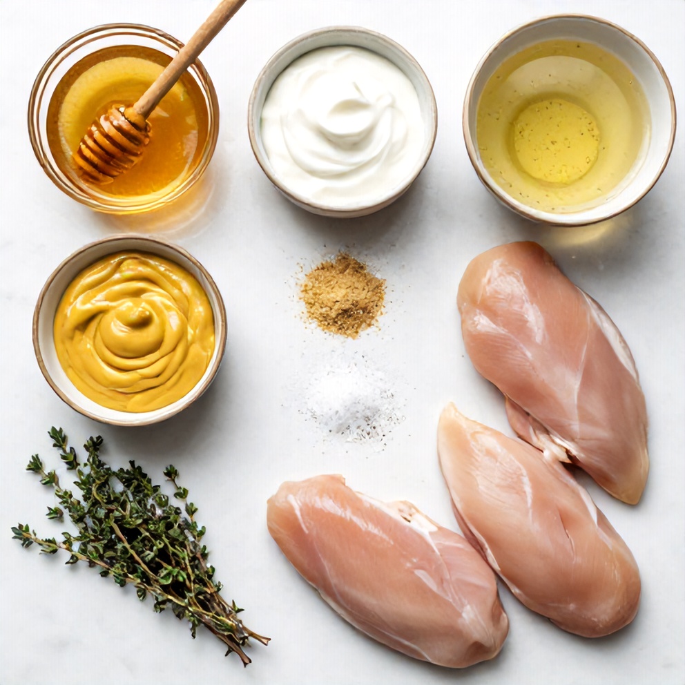 Raw ingredients for honey mustard chicken