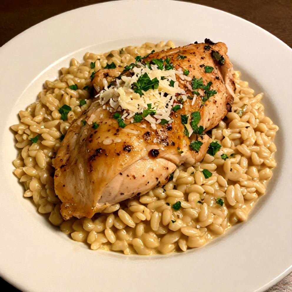 Finished Slow Cooker Parmesan Herb Chicken with Creamy Orzo