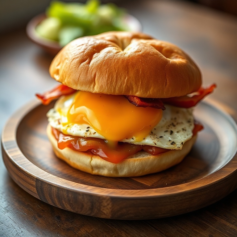 A perfect chipotle egg sandwich on a wooden plate. Cheddar and bacon on a toasted bun with chipotle sauce.