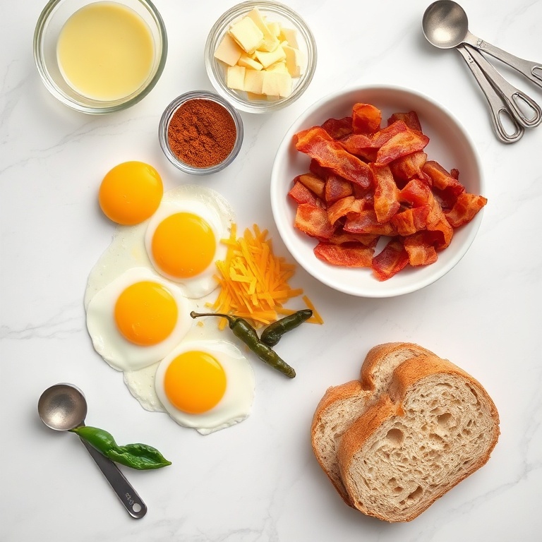 Eggs, cheddar cheese, bacon, chipotle peppers, and bread arranged in a flat lay. Measuring spoons and bowls nearby.