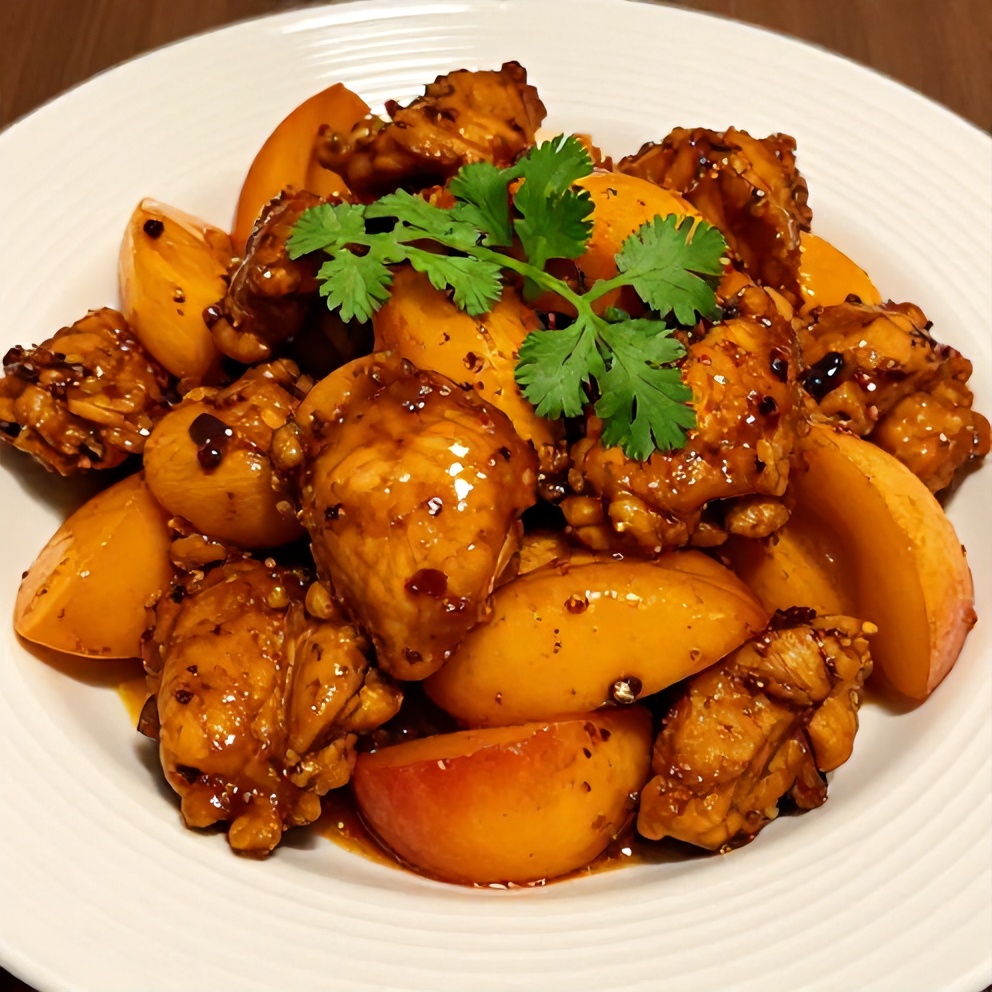 Plated Spicy Jalapeño Peach Chicken with garnish
