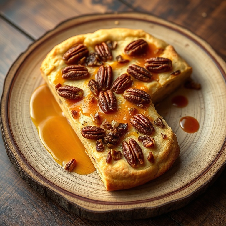 Perfectly plated Sticky Pecan Focaccia with caramelized pecans and a drizzle of sauce. A rustic wooden plate with a crispy edge.