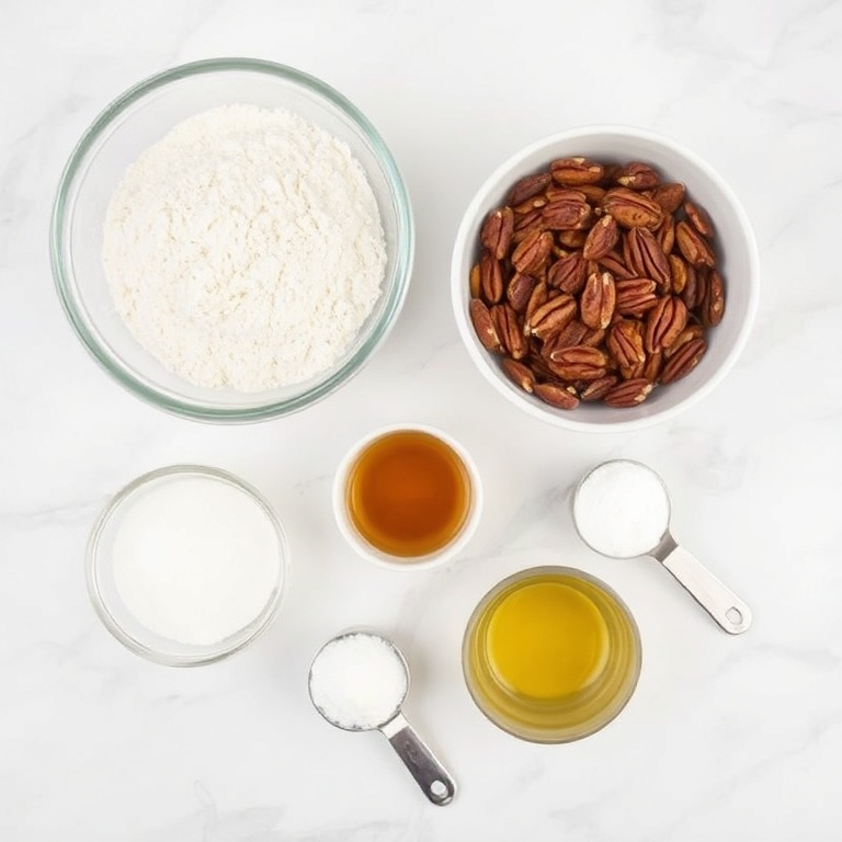Raw ingredients for Sticky Pecan Focaccia. Flour, yeast, pecans, sugar, and olive oil arranged in a flat lay with measuring tools.