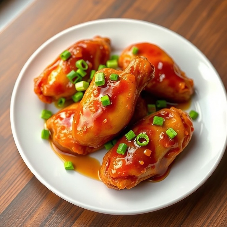 Plated chicken wings with sticky pineapple teriyaki sauce, garnished with green onions. White ceramic plate. Warm side lighting. Photorealistic food photography. No text. No watermark.