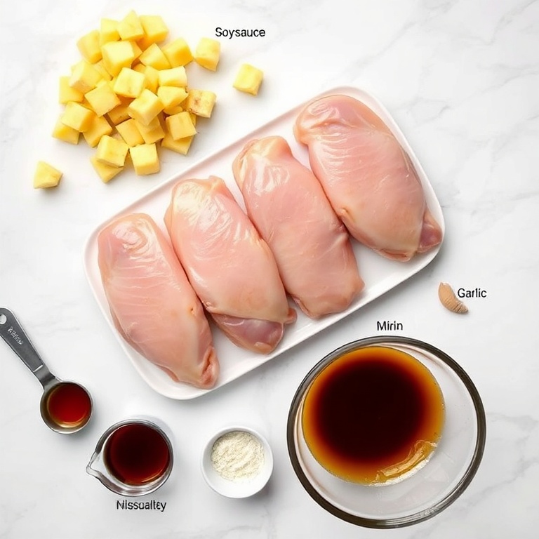 Raw chicken wings, pineapple chunks, soy sauce, mirin, garlic, ginger, and teriyaki glaze arranged in an overhead flat lay. Measuring spoons, bowls, and a mixing bowl visible. White marble surface. Bright even light. Photorealistic overhead food photography.