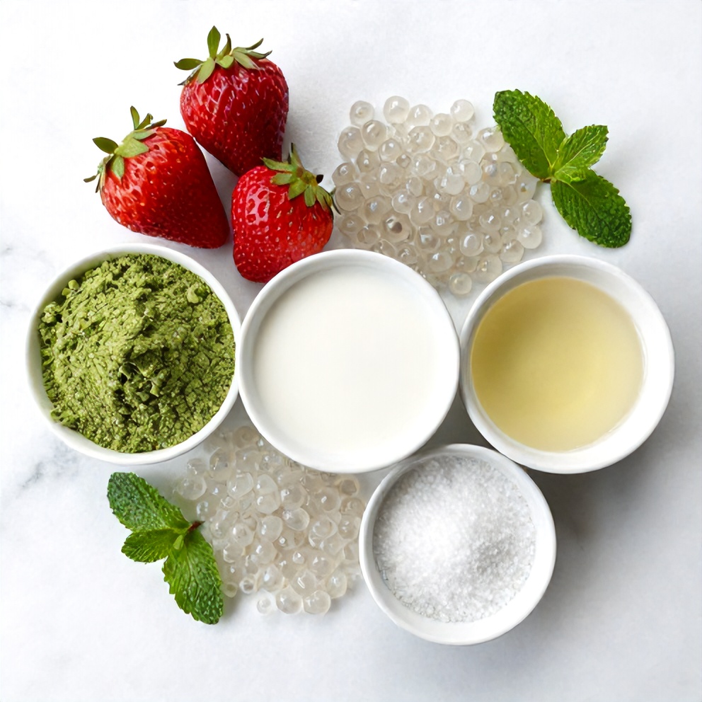Raw ingredients for Strawberry Matcha Sago Dessert