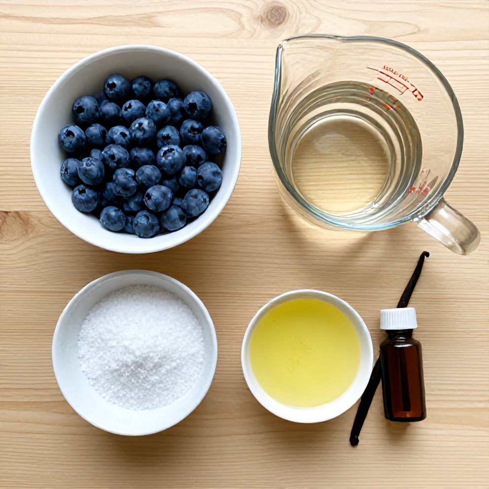 Blueberries, water, erythritol, lemon juice, and vanilla extract on a wooden surface