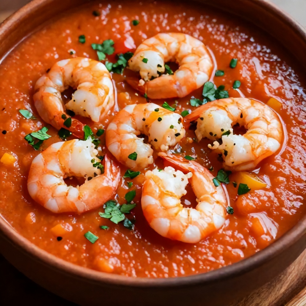 Bowl of summer gazpacho with shrimp, garnished with fresh herbs