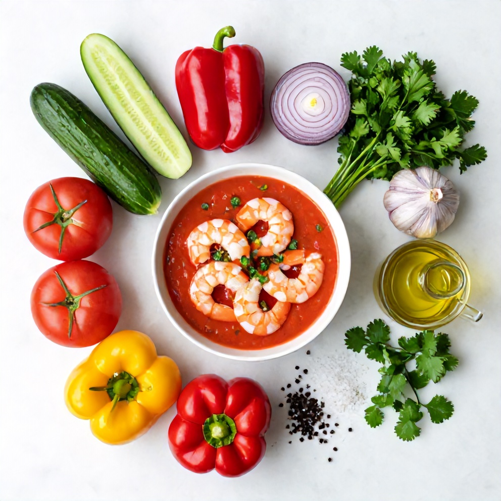 Bowl of summer gazpacho with shrimp, garnished with fresh herbs