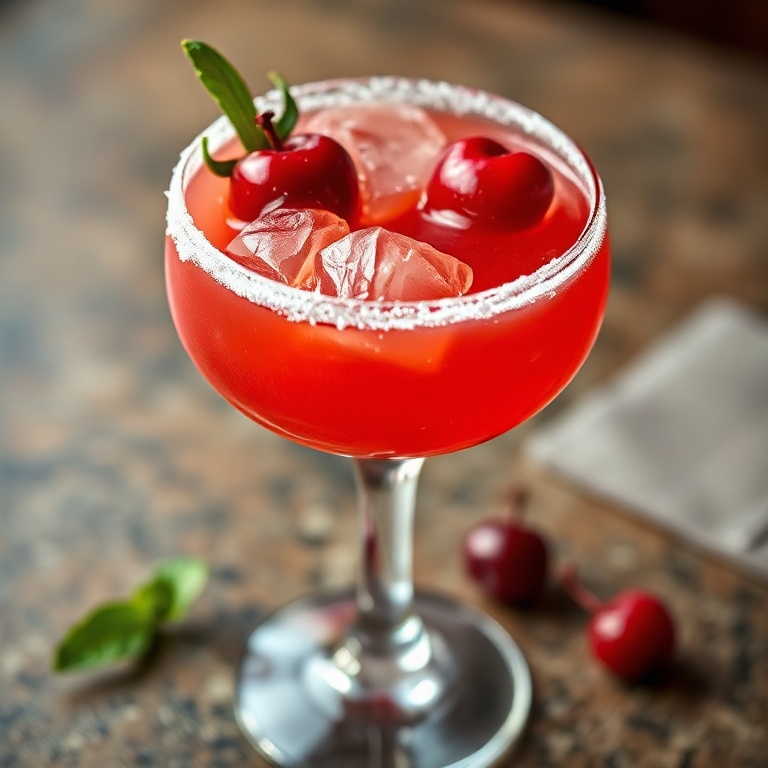 A perfectly plated sweet cherry margarita in a coupe glass. The drink is garnished with a cherry and a sugared rim, showing the rich color and texture of the cocktail.