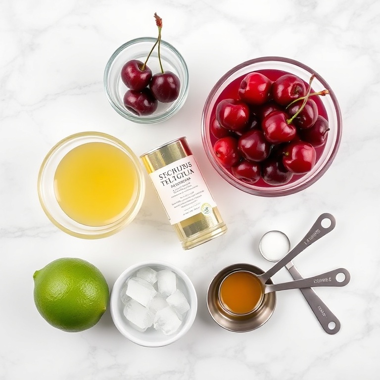 All the raw ingredients for a sweet cherry margarita laid out on a white marble surface. Cherry, tequila, lime, simple syrup, and ice are visible.