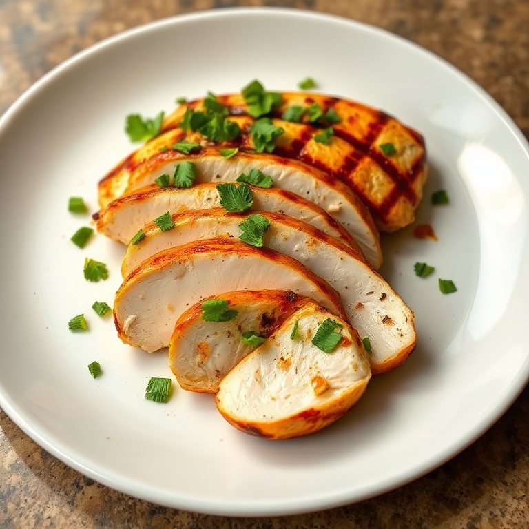 One plated serving of Tangy Key West Grilled Chicken topped with chopped fresh cilantro on a white dinner plate with char marks showing.