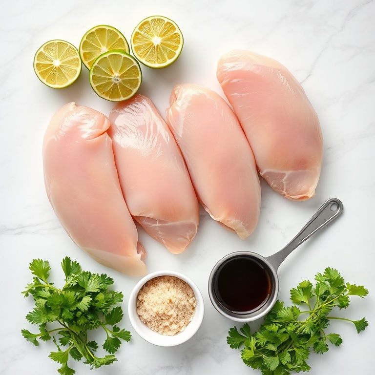 Flat lay of raw chicken breasts, fresh limes, garlic cloves, soy sauce, and brown sugar arranged with small prep bowls on white marble.