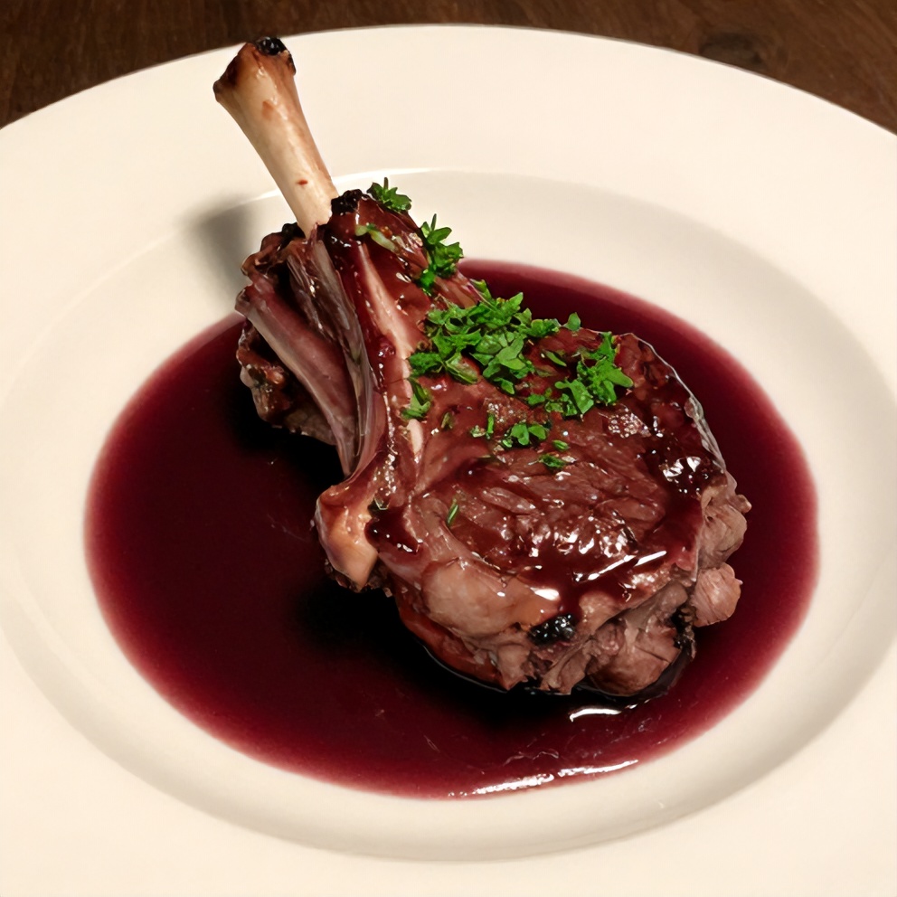One plated lamb shank topped with fresh chopped parsley, served on a wide-rimmed white plate with glossy wine sauce pooling around.
