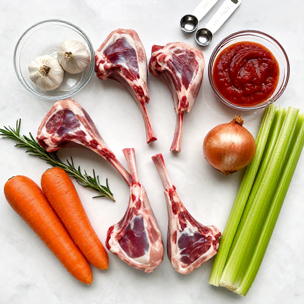 Raw lamb shanks, carrots, onions, celery, fresh rosemary, and a bottle of red wine arranged with prep bowls and measuring spoons.