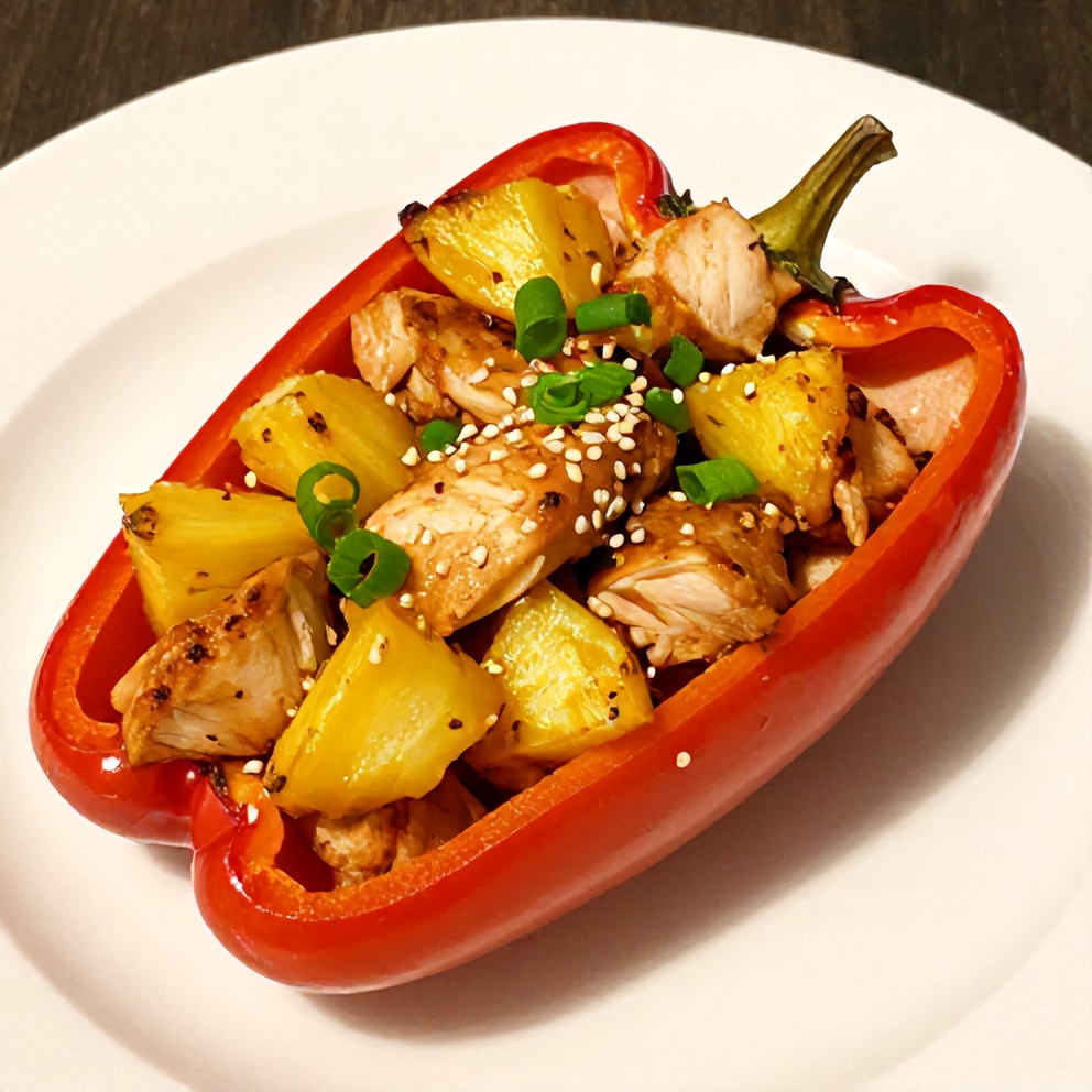 Plated Teriyaki Pineapple Chicken Stuffed Peppers with a side of rice