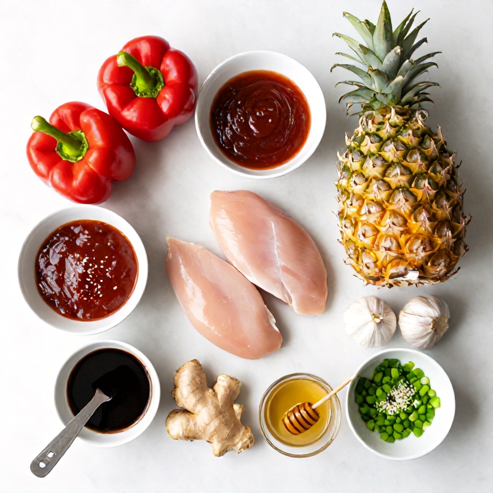 Raw ingredients for Teriyaki Pineapple Chicken Stuffed Peppers on a marble surface