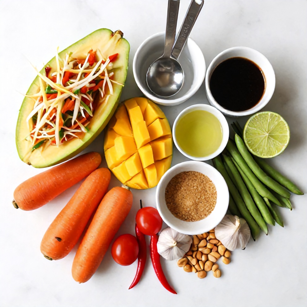 Raw ingredients for Thai Mango Green Papaya Salad