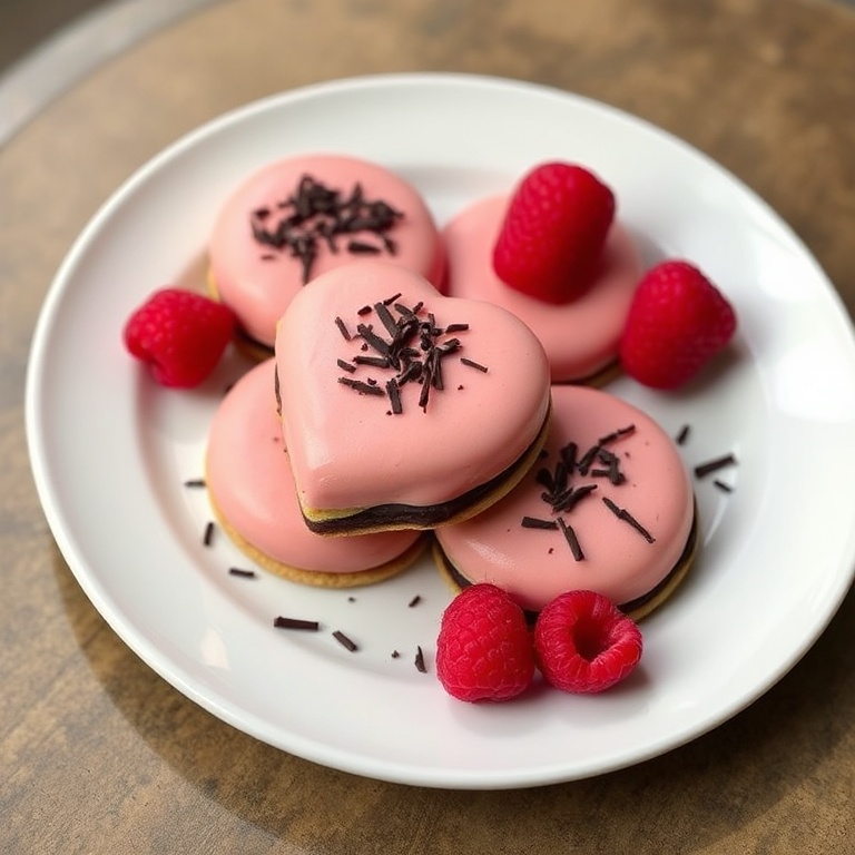 Perfect plated serving of Valentine Ganache Cookies. Garnished with fresh raspberries and dark chocolate shavings. White porcelain plate. Warm side lighting showing texture. Photorealistic food photography. No text. No watermark.