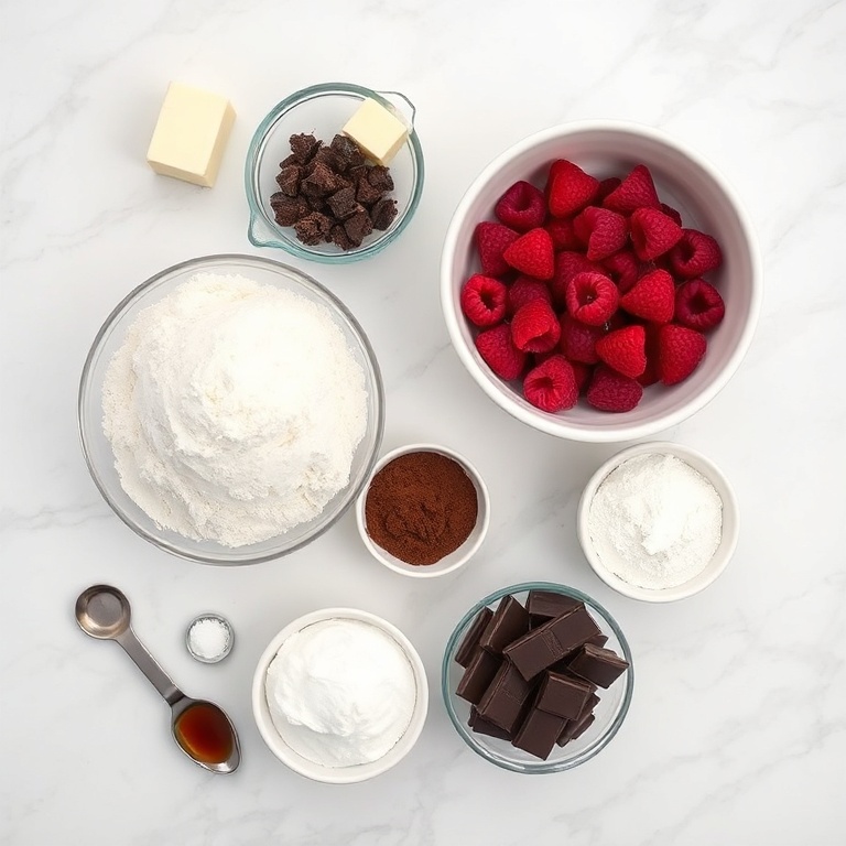Overhead flat lay of raw ingredients: flour, butter, sugar, raspberry puree, dark chocolate, cocoa powder, baking powder, and vanilla extract. Prep bowls, measuring spoons, and cups visible. White marble surface. Bright even light. Photorealistic food photography. No text. No watermark.