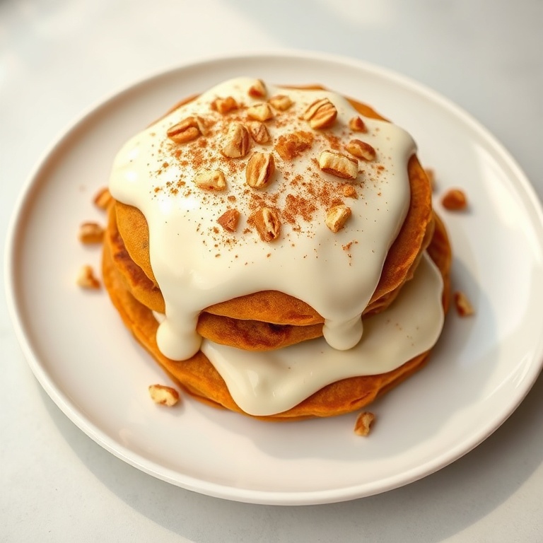 Serving of vegan carrot cake pancakes with cream cheese icing, garnished with chopped nuts and cinnamon