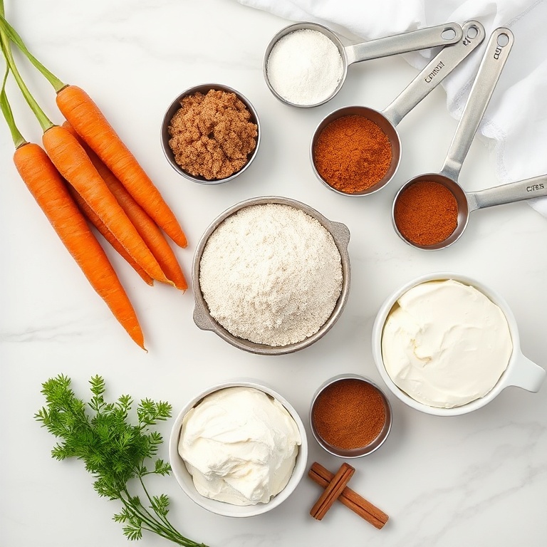 Fresh carrots, all-purpose flour, brown sugar, baking powder, cinnamon, and cream cheese for vegan carrot cake pancakes