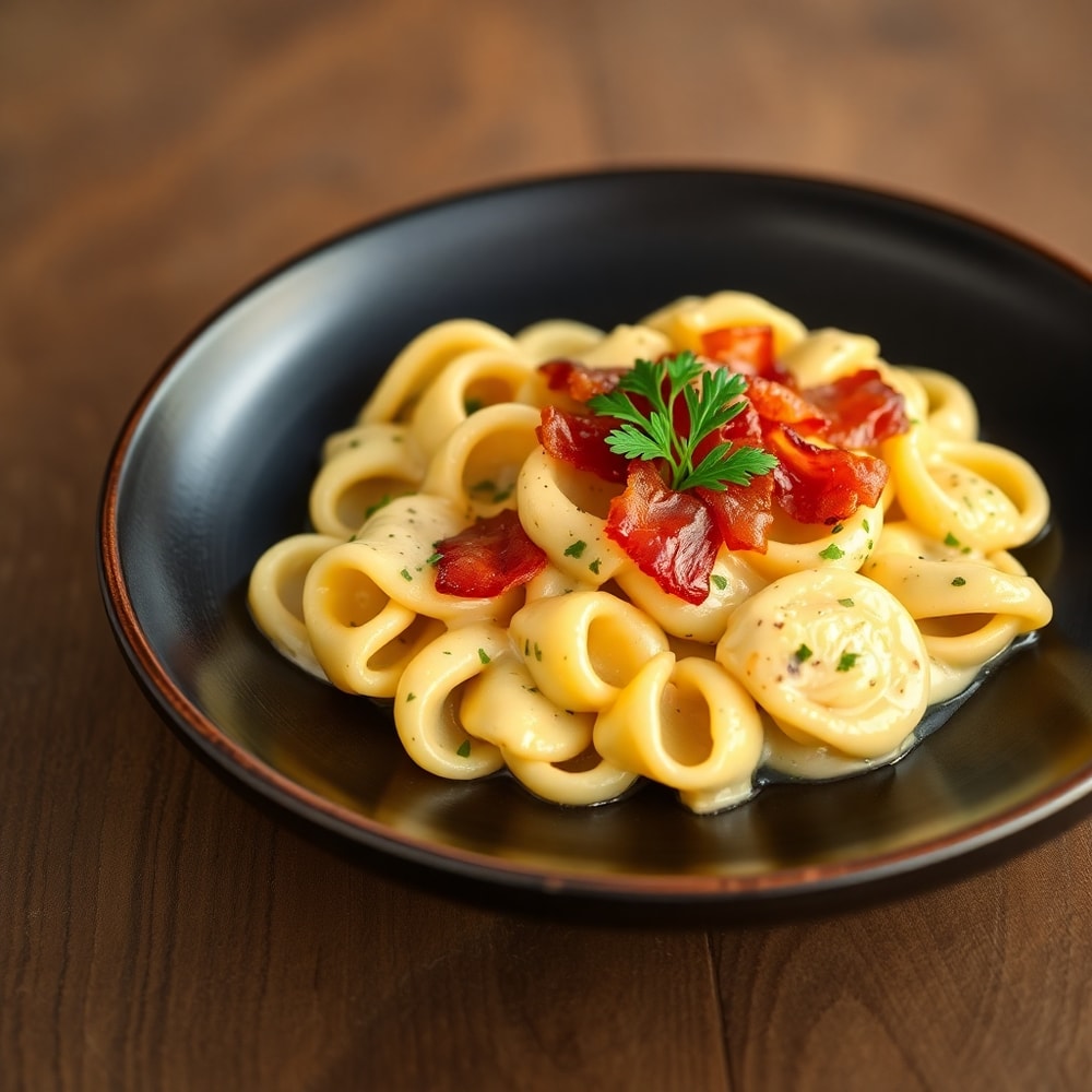 Plated serving of creamy tortellini carbonara