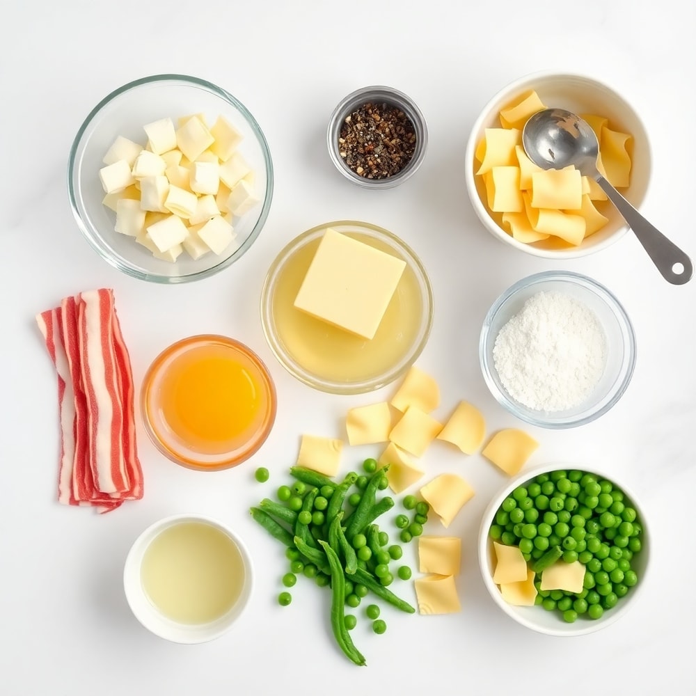 Raw ingredients for tortellini carbonara: bacon, garlic, eggs, cheese, tortellini, peas
