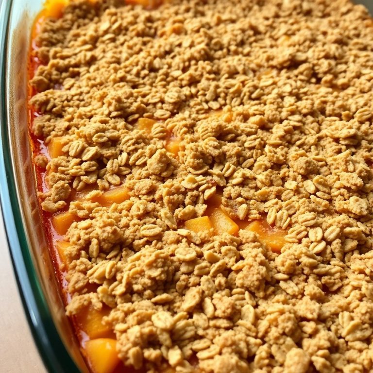 Peach crisp with canned peaches in a glass baking dish, golden oat topping, bubbly fruit