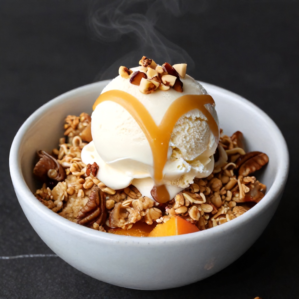 Scoop of peach crisp with canned peaches served in a bowl, ice cream on top