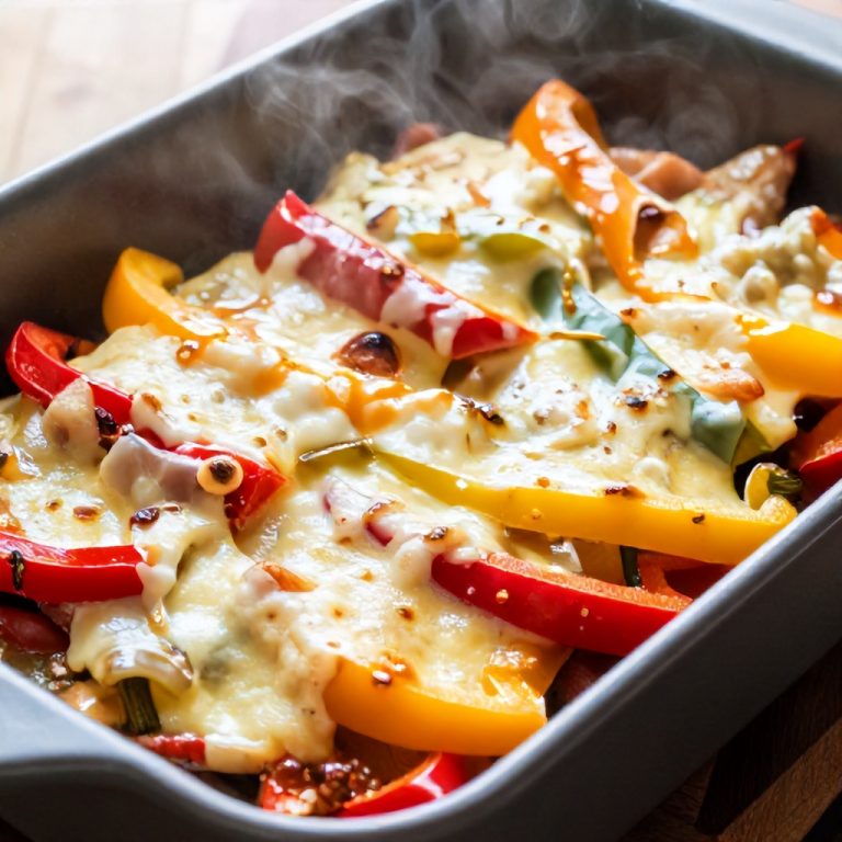 Vibrant deconstructed stuffed peppers casserole topped with melted cheese and fresh herbs