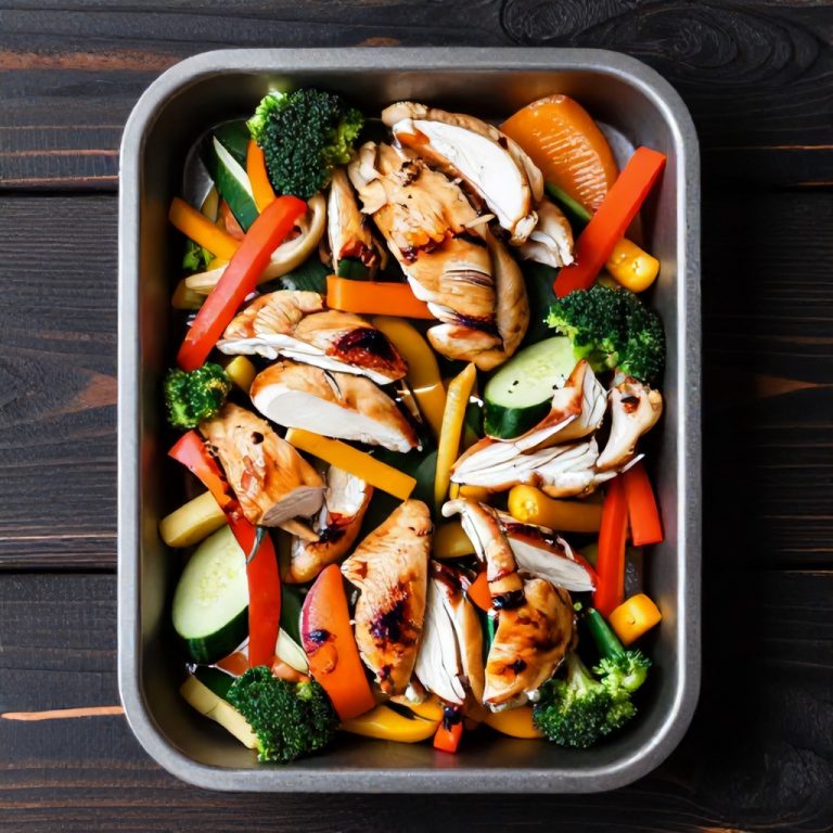A beautifully arranged hawaiian chicken sheet pan with colorful vegetables and juicy chicken pieces.